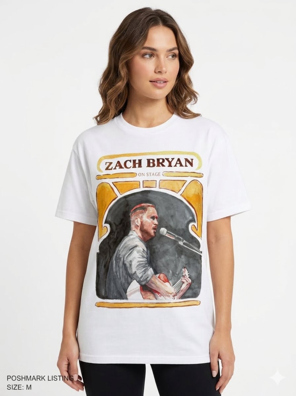 Zach Bryan "On Stage" White Graphic Print Cotton Crew Neck T-Shirt L